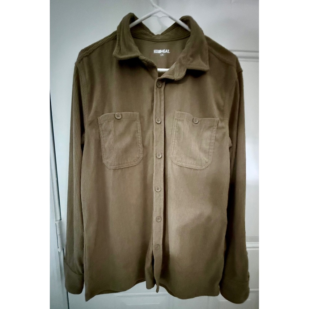 32 Degrees Heat Button Down Shirt Medium Excellent Tan Brown Ribbed Corduroy